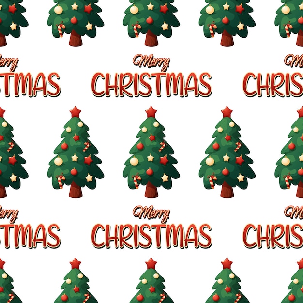 Christmas pattern with cartoon Christmas tree and inscription merry Christmas on white background