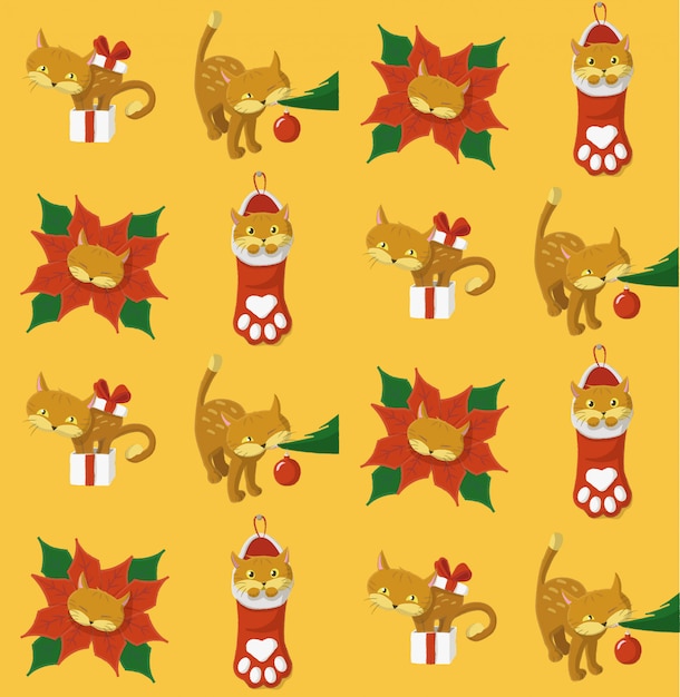 Christmas pattern with a cat playing with Christmas elements