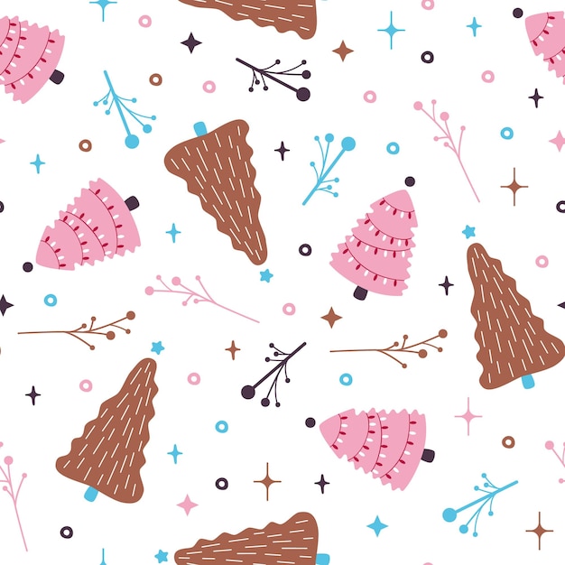 Christmas pattern with Christmas trees flat design simple illustration seamless pink