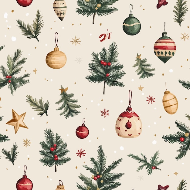 Christmas pattern with collection of christmas decorations and ornaments on white background