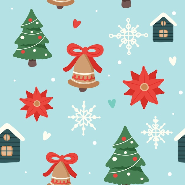 Christmas pattern with cute decorated christmas trees, houses and bells