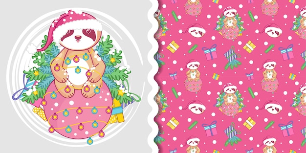 Christmas pattern with cute sloth