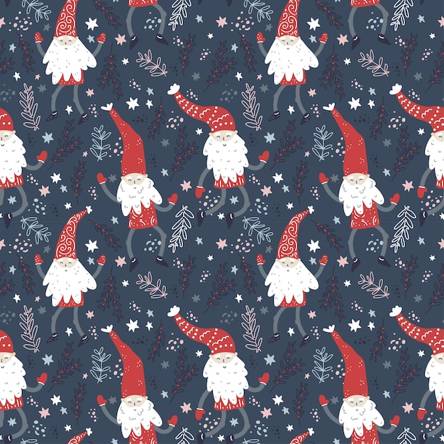 Christmas pattern with dancing little gnomes in red hats Cute scandinavian elves