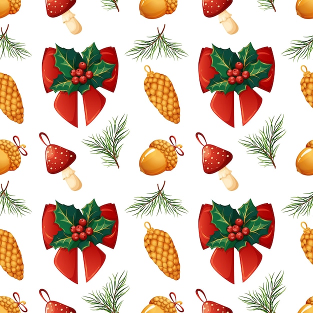 Christmas pattern with holly golden acorn pine cone fly agaric in cartoon style on white background