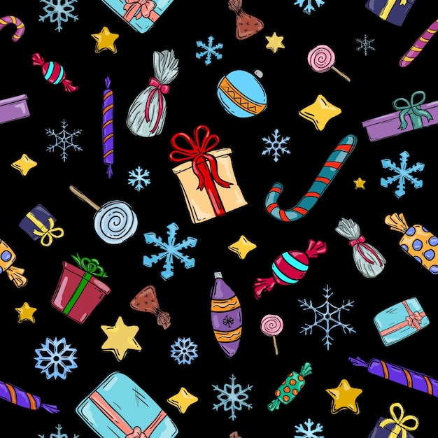 Christmas pattern for wrapping paper with a black background and colorful Christmas elements