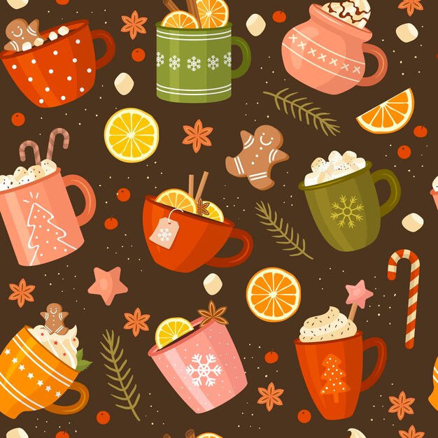 Vector christmas pattern xmas cups with beverage hot drinks coffee and tea recent vector seamless background