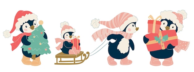 Christmas penguin character. Cute penguin vector illustration set