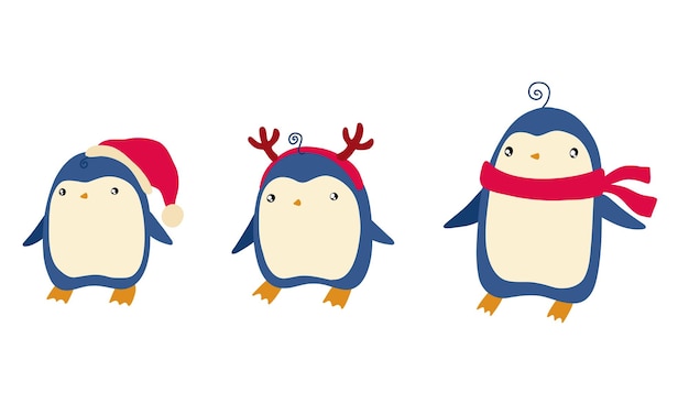 Christmas penguin in new year hats and scarves. Winter penguins set. cartoon cute bird character.