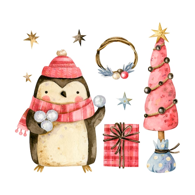 Christmas penguin with snowballs New Year illustration