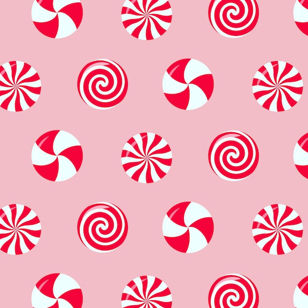 Christmas peppermint swirl candies seamless pattern. Vector illustration.