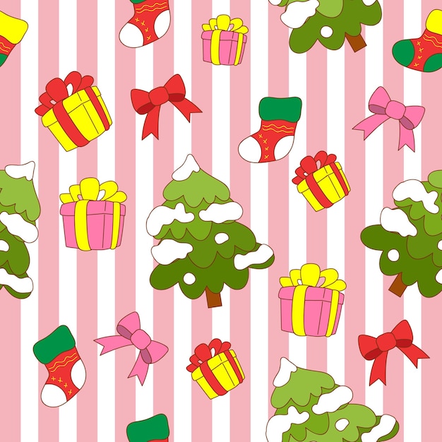 Vector christmas pine tree gifts stocking pattern background