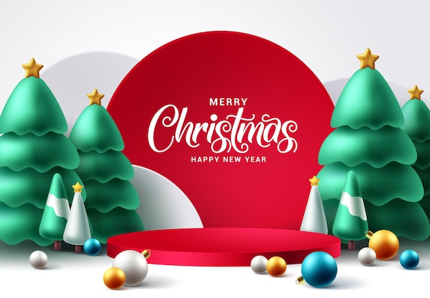 Christmas podium vector background design. Merry christmas and happy new year text for xmas mock up