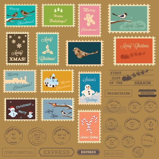 Vector christmas post stamps collection