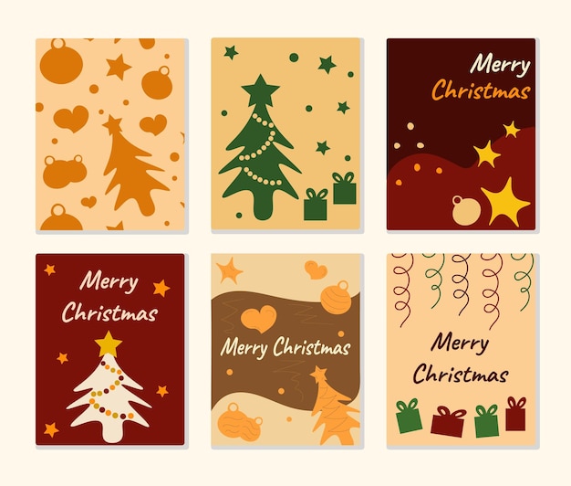 Christmas postcard set in beige tones Orange dark red and green colors Vector illustration