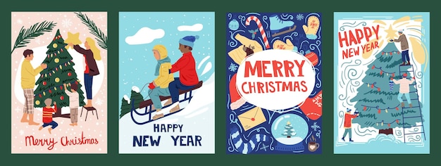 Christmas postcards with people December greeting cards collection vintage cartoon banners Sledge and decorative Xmas trees on posters with text Winter traditional gifts vector happy holiday set