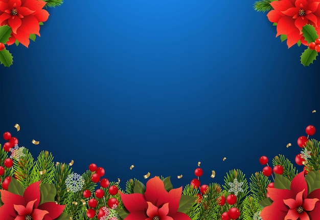 Christmas Poster With Poinsettia Border Blue Background With Gradient Mesh, Vector Illustration.