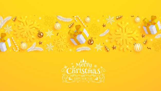 Christmas poster with shiny yellow snowflakes gifts and other elements