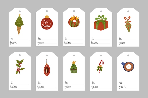 Christmas presents tag with holiday design elements on white background. Vector hand drawn cartoon illustration.