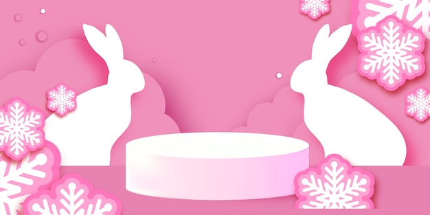 Christmas Rabbit and New Year 3D Podium scene or pedestal on pastel pink background