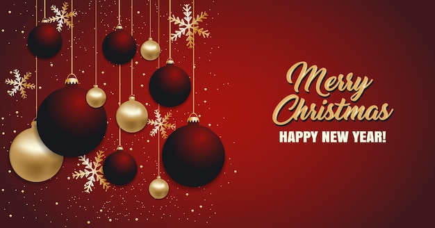 Christmas red background with Christmas balls and golden snowflakes Happy New Year decoration