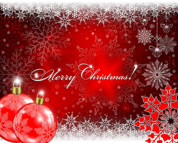 Christmas red background with red balls and snowflakes