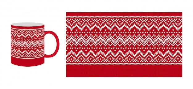 Christmas red border print. Knit seamless pattern. . Knitted sweater texture for cup, dishes, crockery design. Xmas winter background. Holiday fair isle frame. Festive illustration.