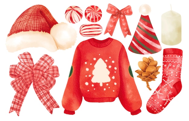 Vector christmas red clothes elements illustrations watercolor styles