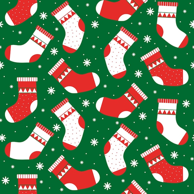 Christmas red and green socks doodle seamless pattern pattern on a green background with snowflakes