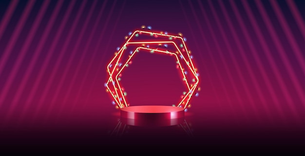 Christmas Red Hexagonal Neon Frame with Podium