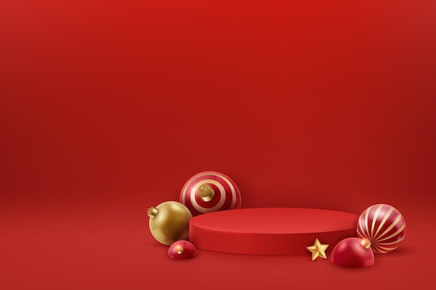 Christmas red podium with festive decorations Christmas and new year 3D scene podium