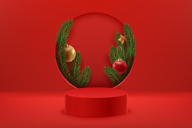 Christmas red podium with firs christmas balls and star holiday background with realistic stage and