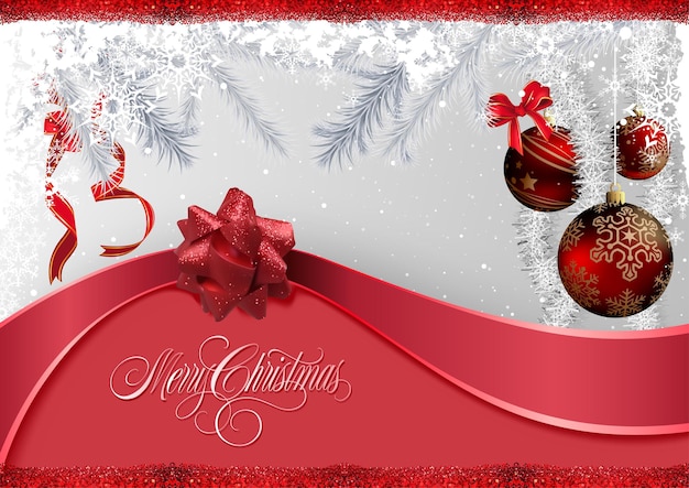 Christmas Redsilver Background with Red Christmas Ornaments and Ribbon