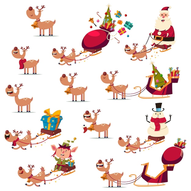 Christmas reindeer character with different emotions, sleigh and Santa Claus. Vector cartoon set isolated on white background.