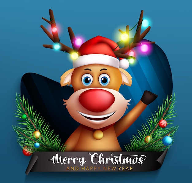 Christmas reindeer vector concept design Merry christmas greeting text with smiling and waving