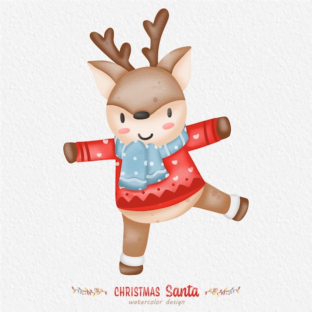 Vector christmas reindeer watercolor illustration, with the paper background. for design, prints, fabric, or background