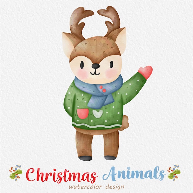 Christmas Reindeer watercolor illustration with the paper background