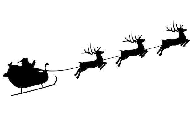 Christmas reindeers are carrying Santa Claus in a sleigh with gifts silhouette on a white background