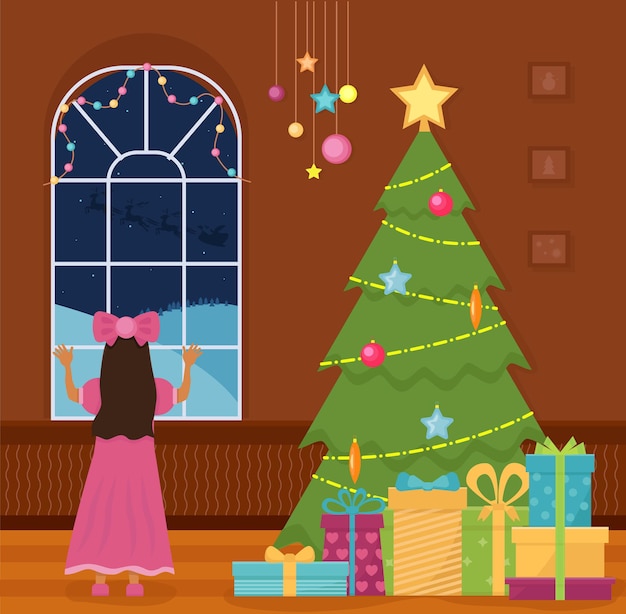 Christmas room interior girl next to the window seeing off Santa Christmas tree with gifts