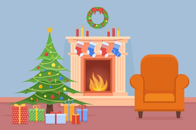 Christmas room interior with fireplace, tree, gifts and armchair in flat style.