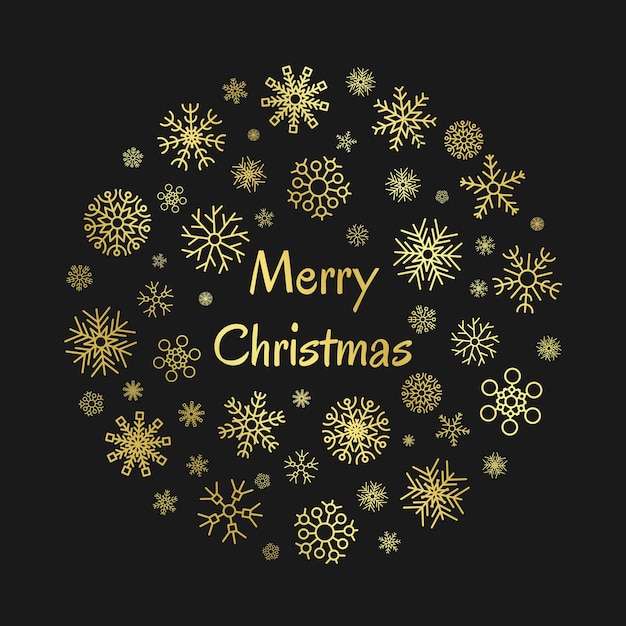 Christmas round banner with gold snowflakes on dark background and inscription Merry Christmas. Vector illustration