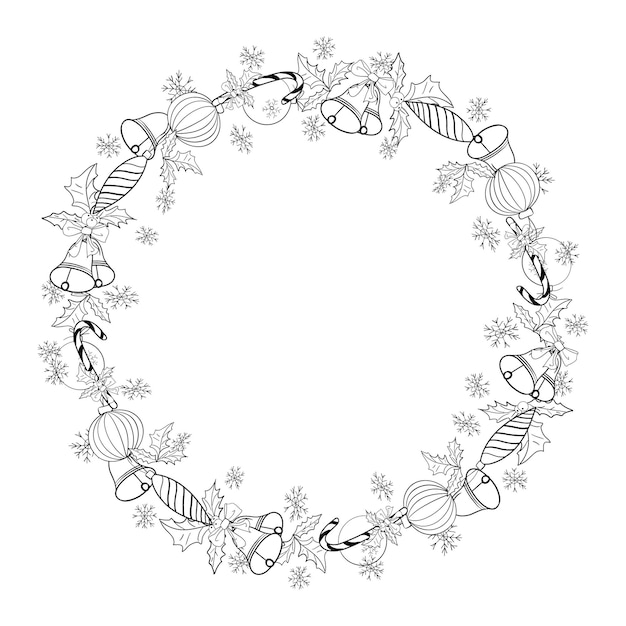 Christmas round frame of snowflakes, candy cane, holly, bells, balls.