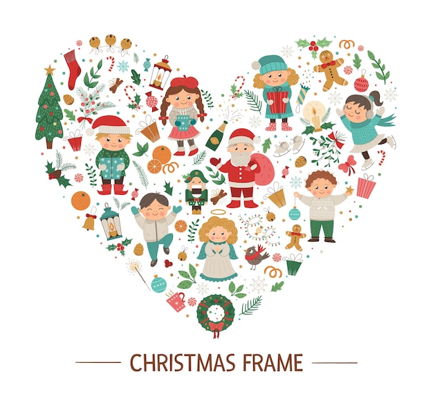 Christmas round frame with children, Santa Claus, Angel on dark blue background.