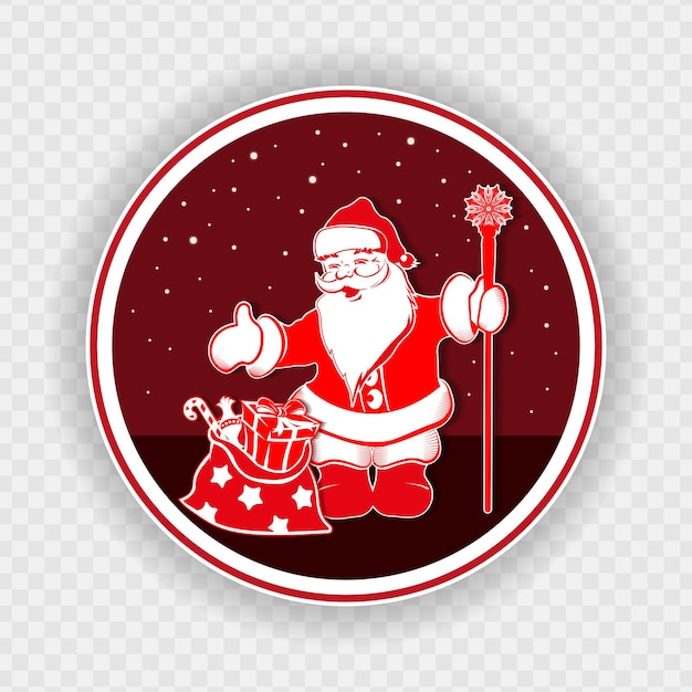 Christmas round red sign with a Santa Claus pattern with staff and a bag with various gifts