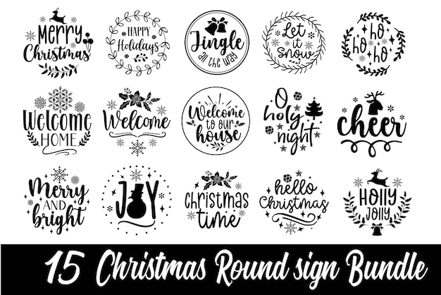 Vector christmas round sign bundle lettering quotes vectors illustrations