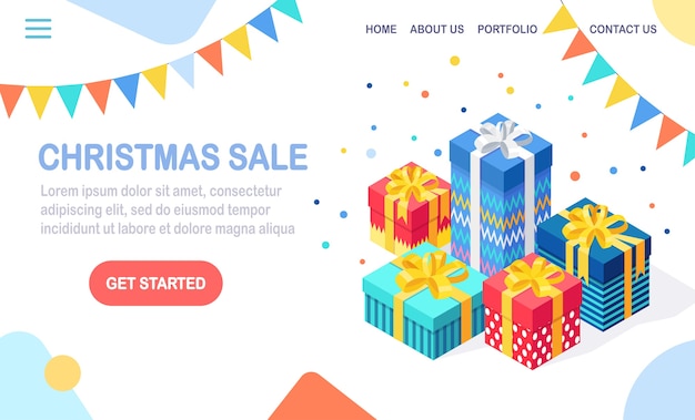 Christmas sale. 3d isometric gift box, present with ribbon, bow, festive flags isolated. Landing page.