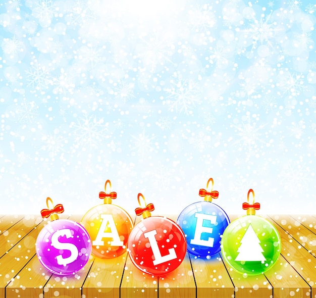 Christmas sale balls on wood table vector