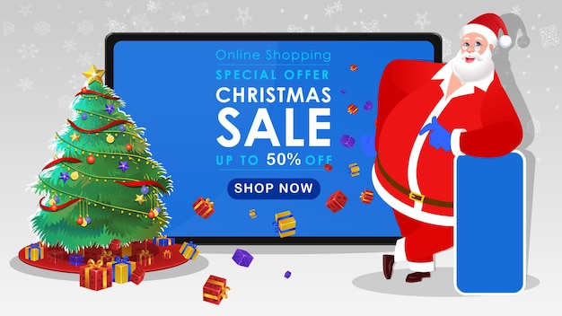 Christmas sale banner illustration with Santa Claus showing Christmas gifts offer mobile phone