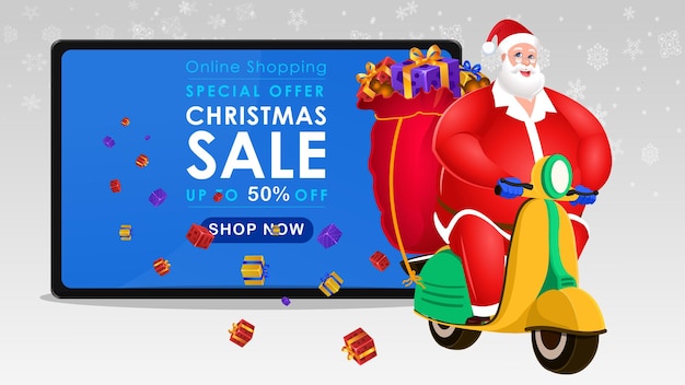 Christmas sale banner illustration with Santa Claus taking Christmas gifts