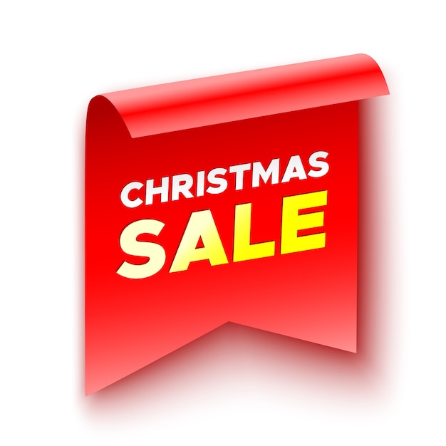 Christmas sale banner. Sticker. Red ribbon. Paper scroll.