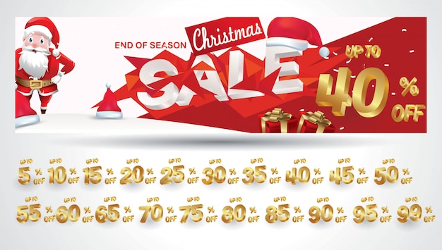 Christmas Sale Banner with discount tag 10,20,30,40,50,60,70,80,90,99 percent